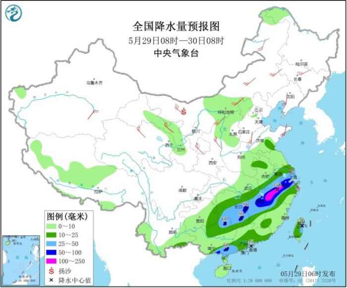 全国降水量预报图(5月29日08时-30日08时) 江南华南等地有较强降水过程 北方地区多大风天气